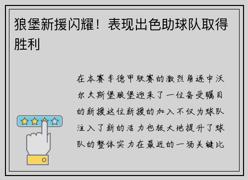 狼堡新援闪耀！表现出色助球队取得胜利